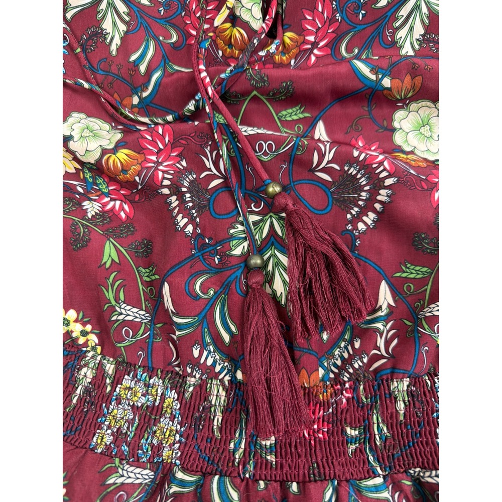 Moon River Calla Burgundy Floral Print Smocked Tiered Mini Dress MR1817 Medium - Picture 10 of 11